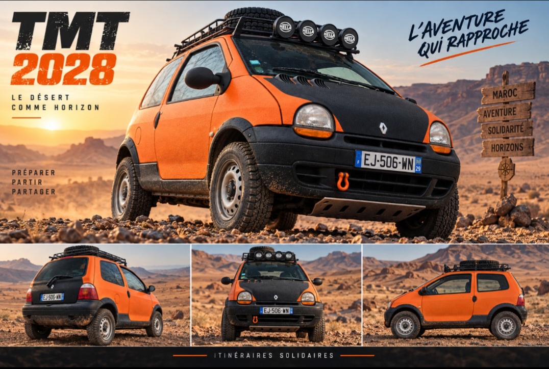 Projection du projet TMT 2028 d'Itinéraires Solidaires : Twingo préparée pour le désert marocain