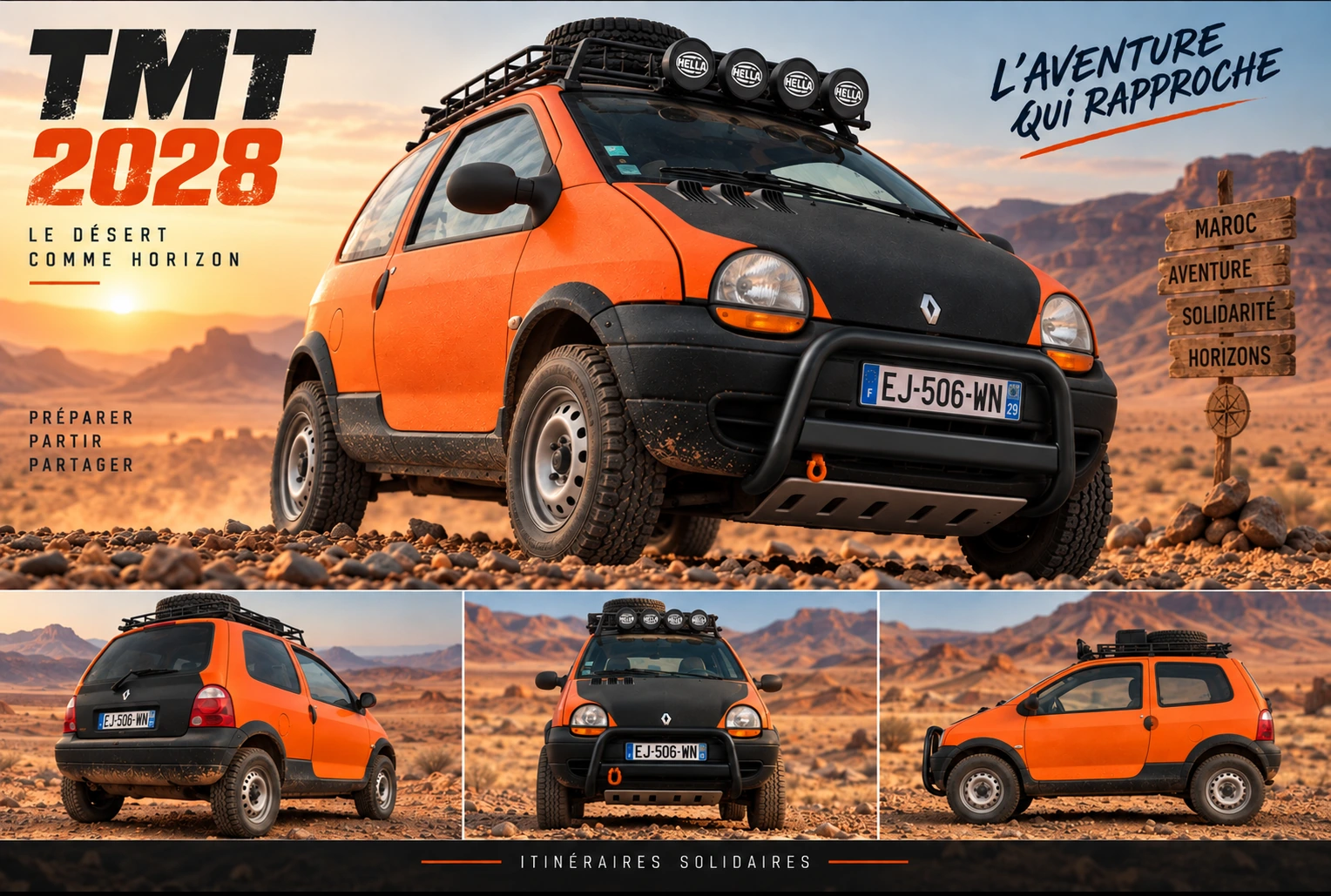 Projection du projet TMT 2028 d'Itinéraires Solidaires : Twingo orange et noire avec pare-buffle noir, projet de préparation pour le désert marocain